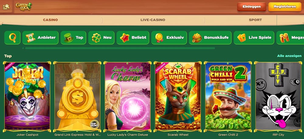 Die Slotauswahl bei Green Luck Casino mit Titeln wie Green Chilli 2 und Scarab Wheel 