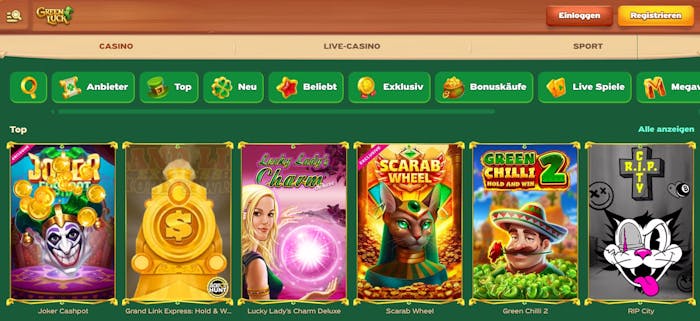 Die Slotauswahl bei Green Luck Casino mit Titeln wie Green Chilli 2 und Scarab Wheel 
