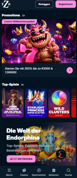 Startseite im Frenzino Casino zeigt Willkommensbonus und top Spiele