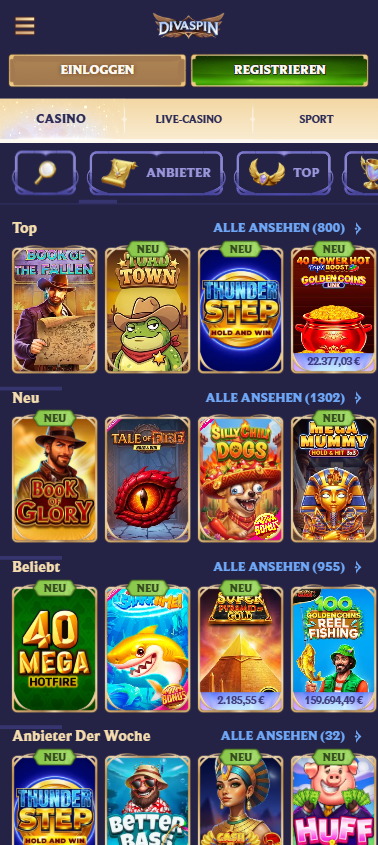 Spiellobby im Divaspin Casino zeigt Top Spiele wie Book of the Fallen neben anderern Spielkategorien