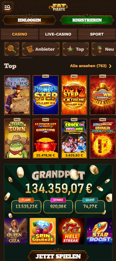 Eine Ansicht über verschiedene Slots bei Fat Pirate Casino mit Titeln wie Book of the Fallen