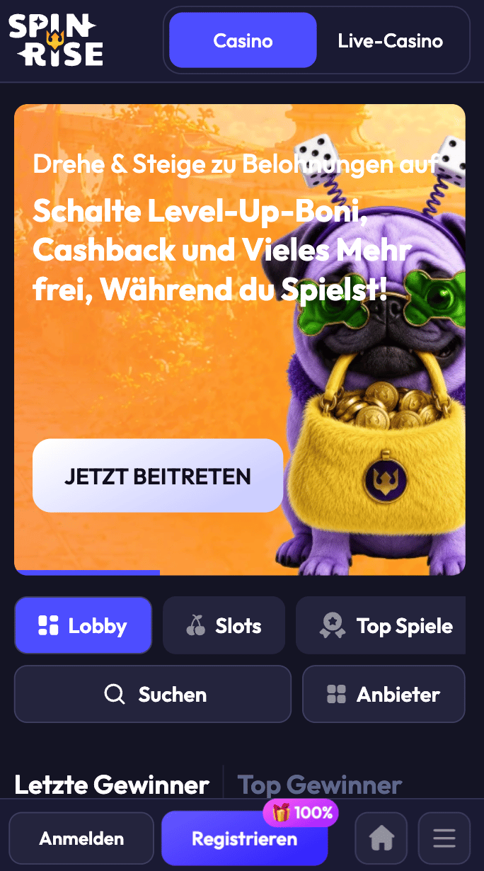 Startseite im Spinrise Casino zeigt Belohnungen und Lobby