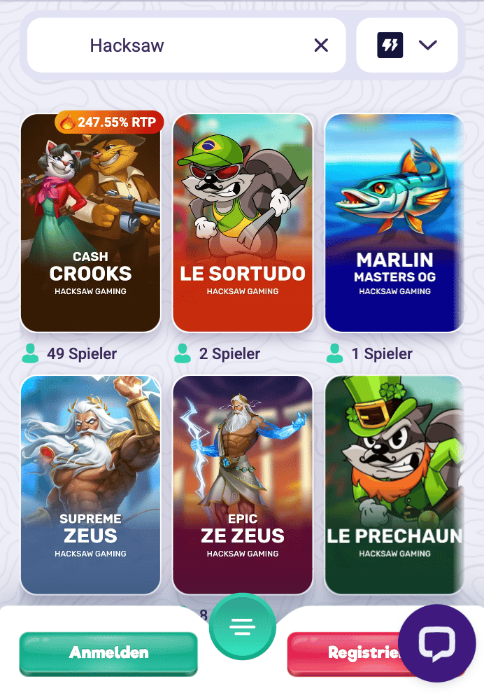 Beispielauswahl mit Spielen von Hacksaw Gaming