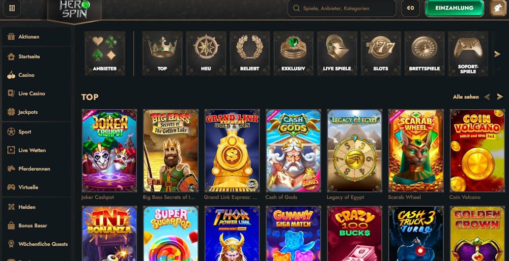 Spiellobby im HeroSpin Casino zeigt top Spiele wie Clash of Gods neben anderen Spielkategorien