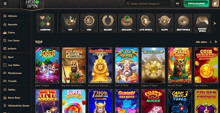Spiellobby im HeroSpin Casino zeigt top Spiele wie Clash of Gods neben anderen Spielkategorien