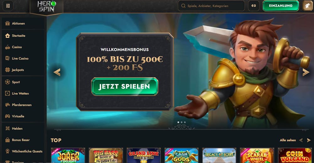 Startseite im HeroSpin Casino zeigt Willkommensbonusangebot neben Menü und top Spielen