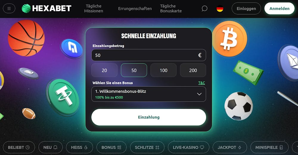 Hexabet Casino Startseite mit Anmeldebutton, Menüleiste, Formular für schnelle Einzahlung