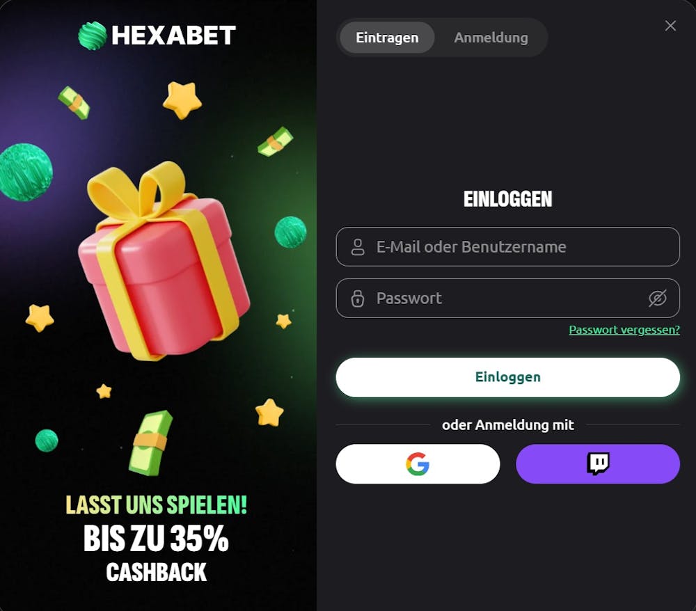 Hexabet Casino Login-Formular mit Verweis auf 35 Prozent Cashback Angebot