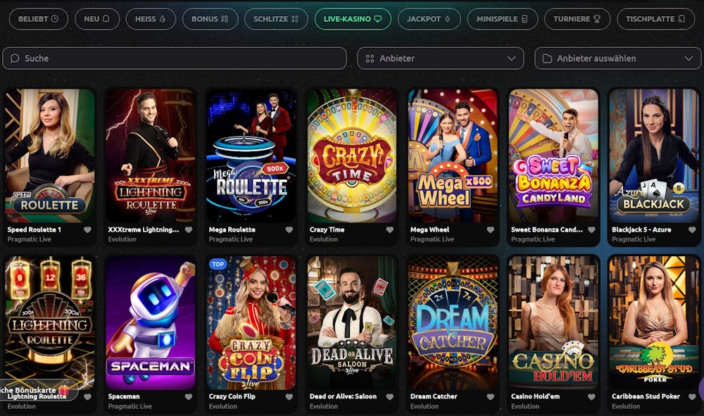 Hexabet Casino Spiele Lobby im Live Casino mit Kategorien, Suchleiste, Anbieterfilter und 