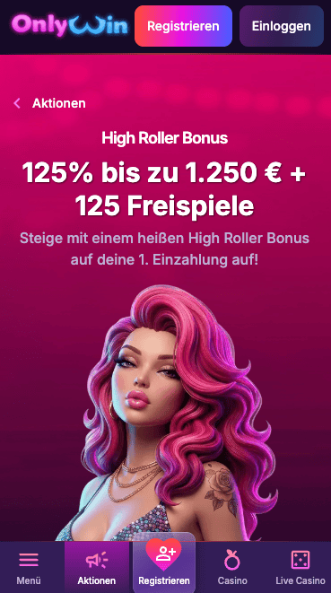Beispiel für einen High Roller Bonus von 125 Prozent bis zu 1250 Euro und 125 Freispiele