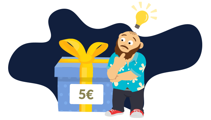 Grafik zeigt nachdenklichen CasinoBernie neben Geschenkpaket mit 5 Euro Zeichen und Glühbirne über seinem Kopf