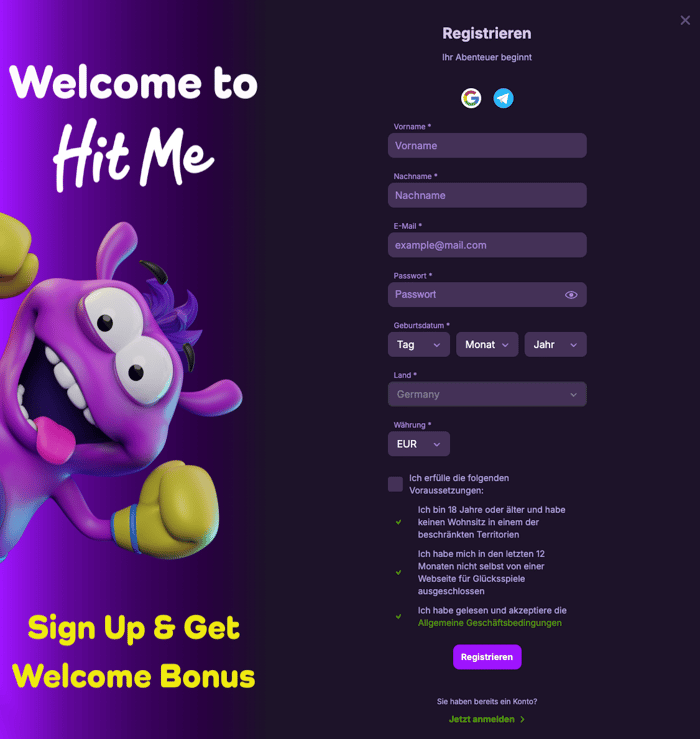 Anmeldeformular im Hit Me Bet Casino