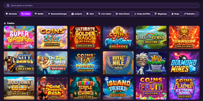 Spiellobby im Hit Me Bet Casino zeigt Spiele wie Diamond Mines neben anderen Spielkategorien