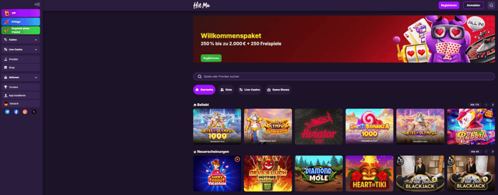 Startseite im Hit Me Bet Casino zeigt Spiele, Menü und Willkommenspaket