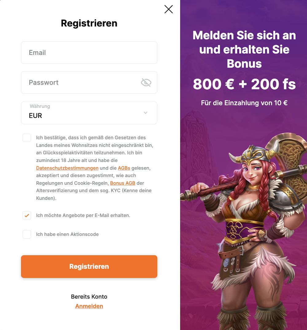 Registrierung im Hit n Spin Casino