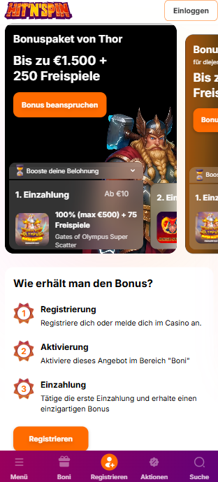 Screenshot vom Hit n Spin Casino mit dem 10 Euro Einzahlungsbonus.