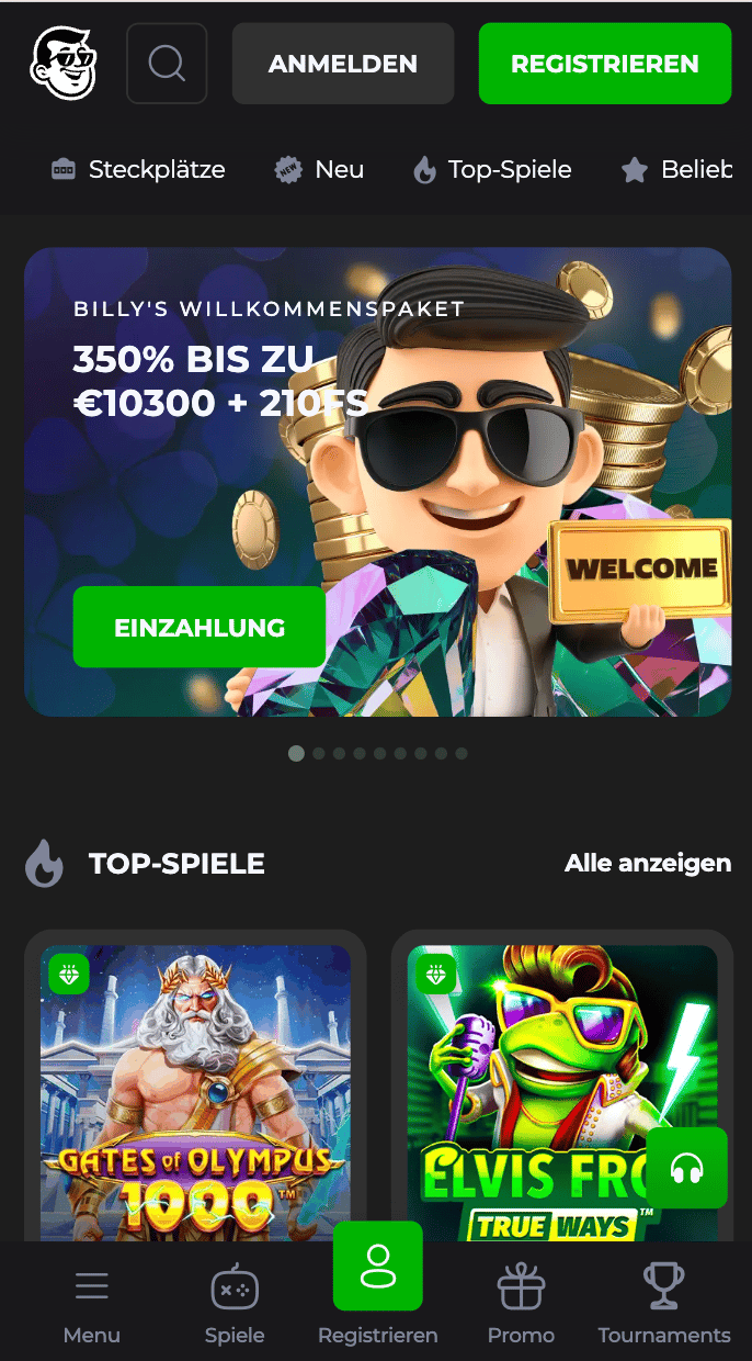 Startseite im BillyBillion Casino von Hollycorn N.V.