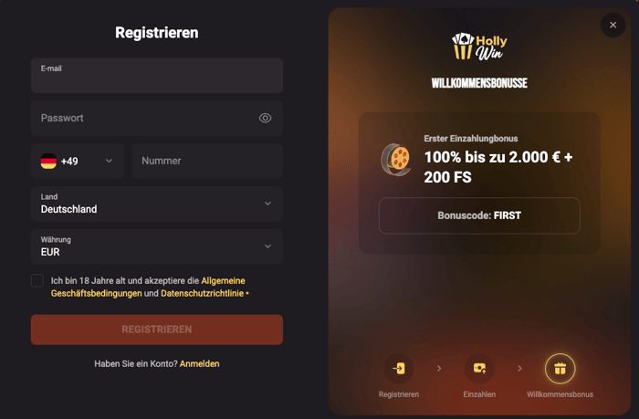 Anmeldeformular im Hollywin Casino