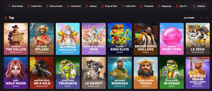 Spiellobby im Hollywin Casino zeigt top Spiele wie Wolf Moon neben anderen Spielkategorien