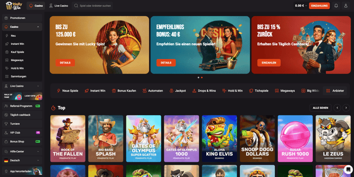 Startseite im Hollywin Casino zeigt Boni, Menü und Spiele
