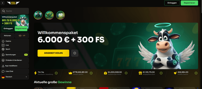 Holy Luck Casino Screenshot mit dem Willkommensbonus von 6.000 € und 300 Freispielen derzeit.