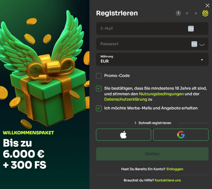 Holy Luck Casino Screenshot mit der Anmeldeseite zum Eingeben der Daten.