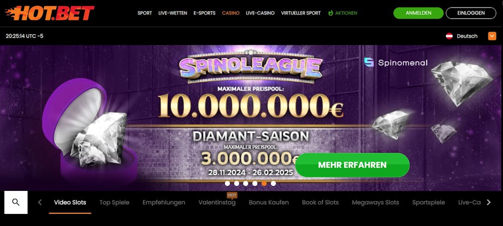 Die Homepage von HotBet Casino mit einer Beschreibung mit einer Beschreibung über den Spinoleague Preispool von 10.000.000 € 