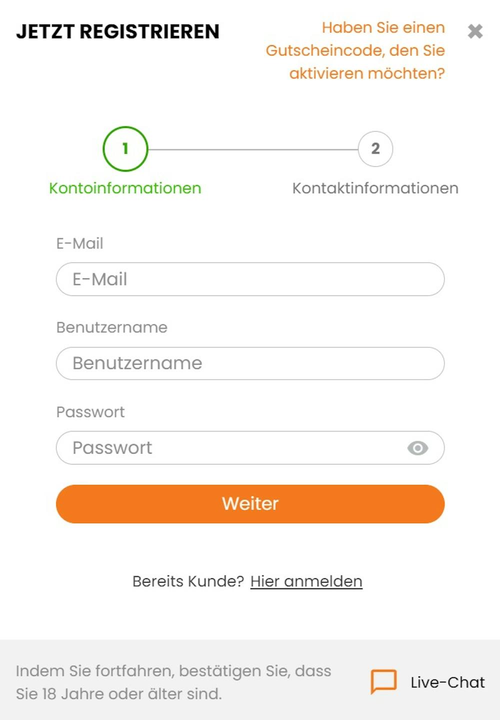 Das Registrierungsformular von HotBet Casino 