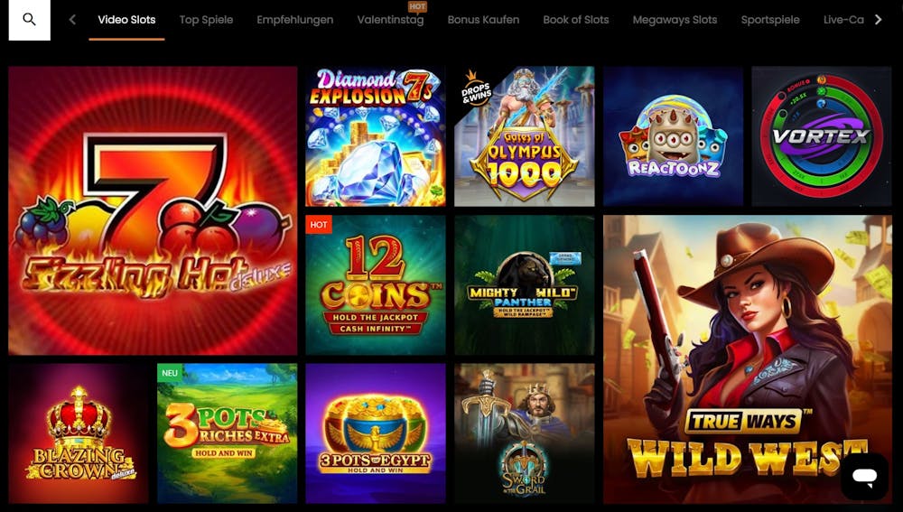 Die Slotansicht von Hot Bet Casino mit vielen verschiedenen Titeln wie Blazing Crown und Reactoonz