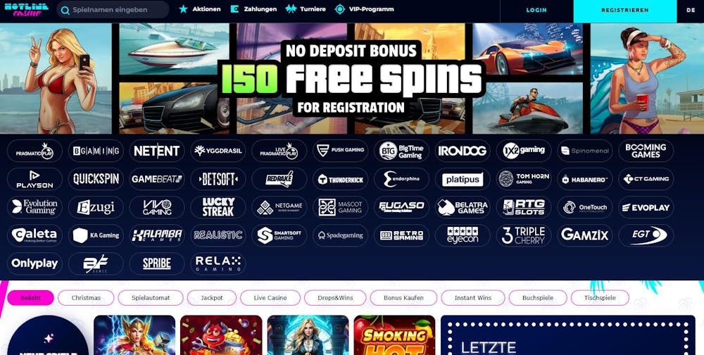 Startseite im Hotline Casino zeigt No Deposit Bonus neben Logos von Spielentwicklern