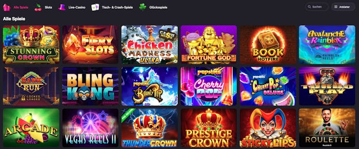 Spiellobby im Hotloot Casino zeigt Spiele wie Bling Kong neben anderen Spielkategorien