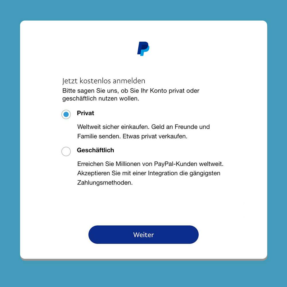 Registrierung bei PayPal starten