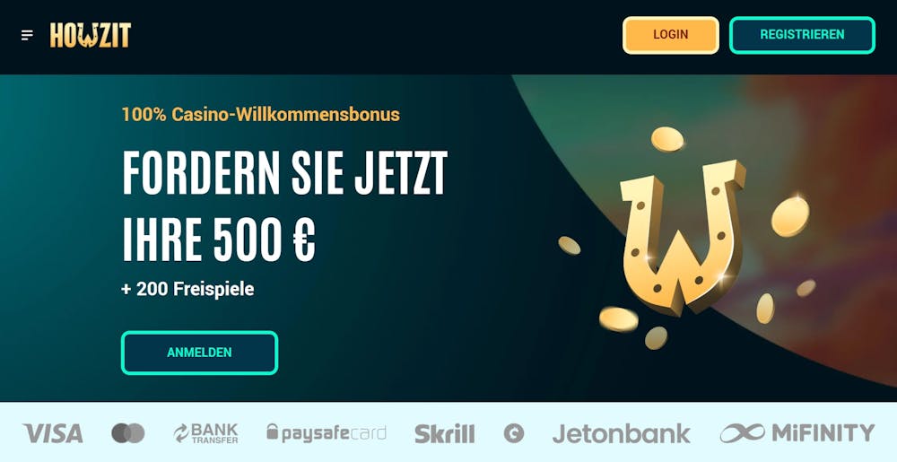 Die Homepage von Howzit Casino mit einer Information über den Willkommensbonus von bis zu 500 € + 200 Freispiele