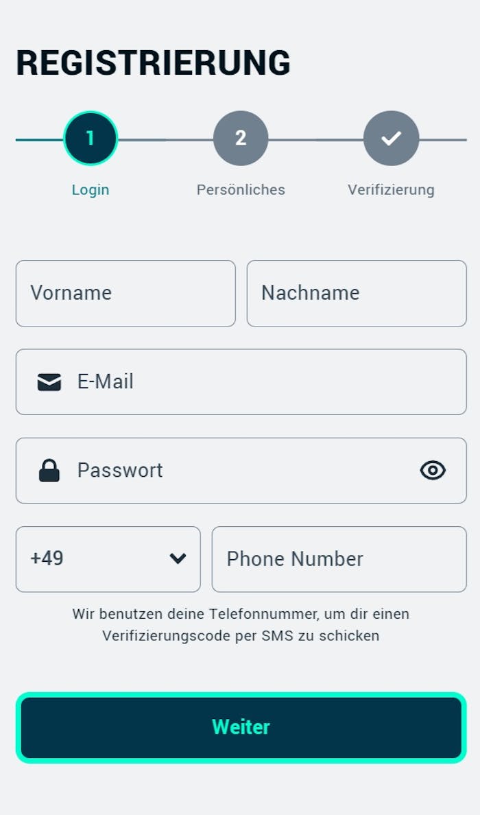 Das Registrierungsformular von Howzit Casino