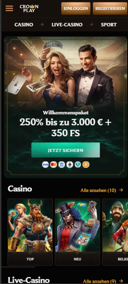 Startseite im Crownplay Casino zeigt Willkommensbonus und Casino Spiele
