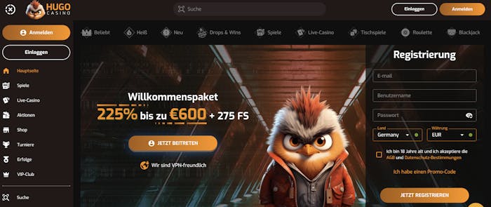 Startseite des Hugo Casinos