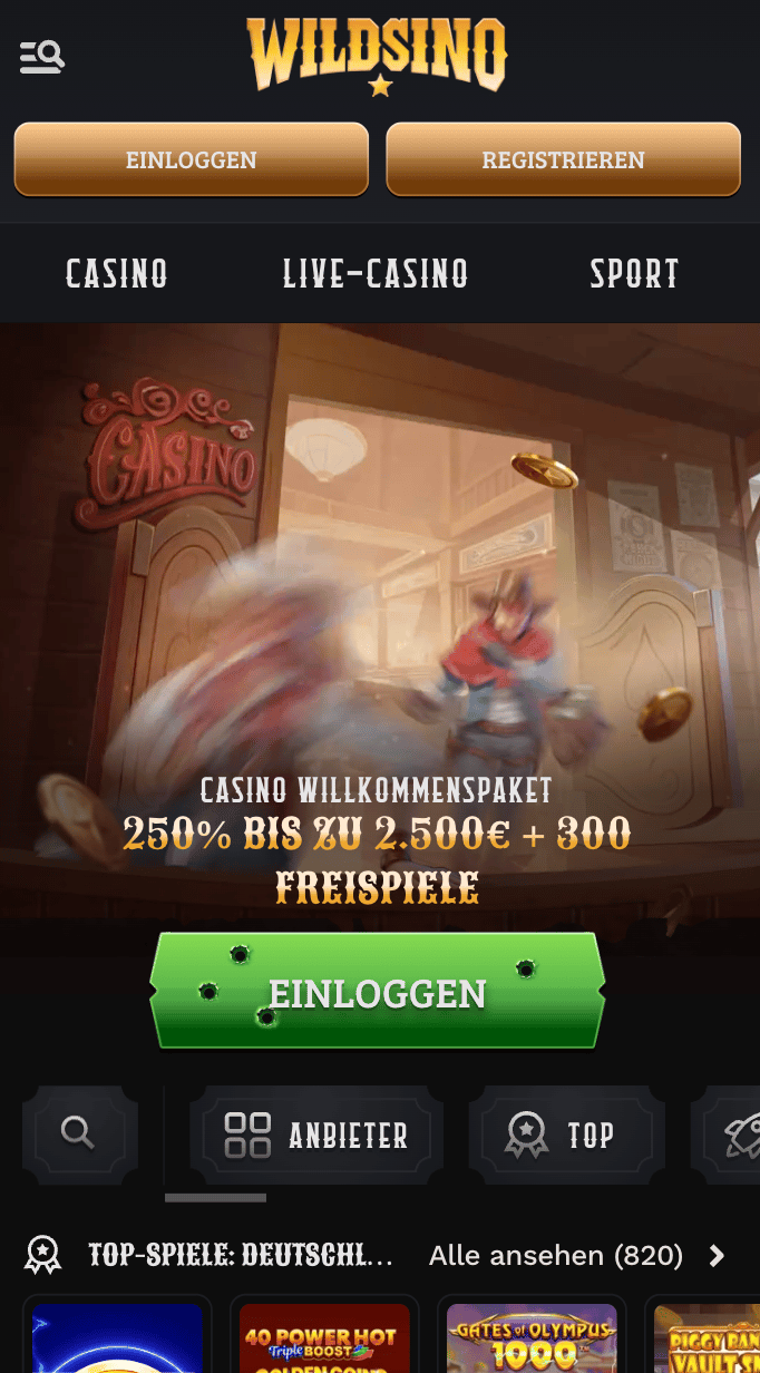 Startseite im Wildsino Casino zeigt Willkommensbonus und top Spiele