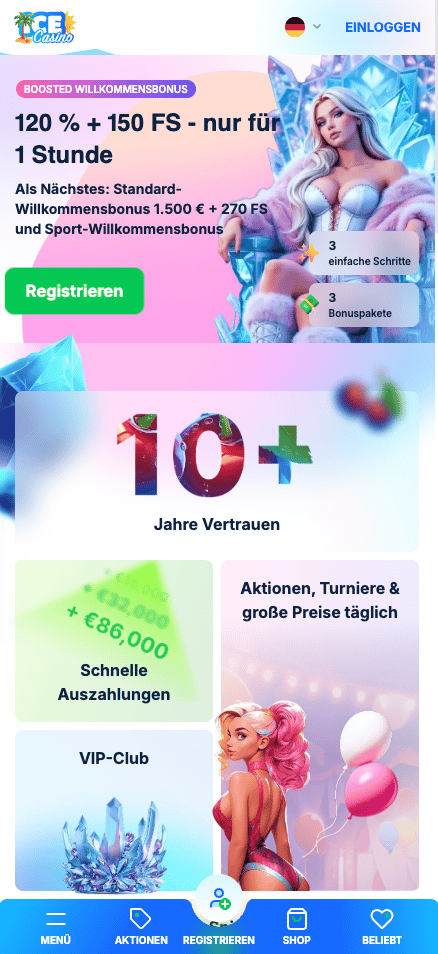 Startseite im Ice Casino zeigt Willkommensbonus neben anderen Angeboten