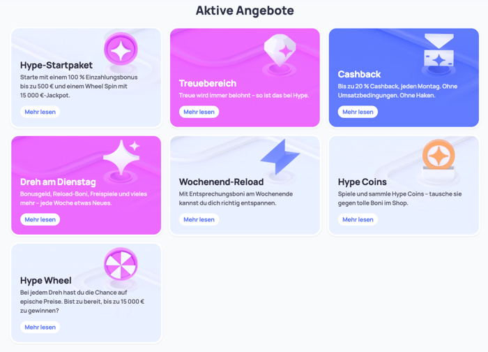 Aktive Aktionen im Hype Casino wie Cashback oder Wochenend-Reload