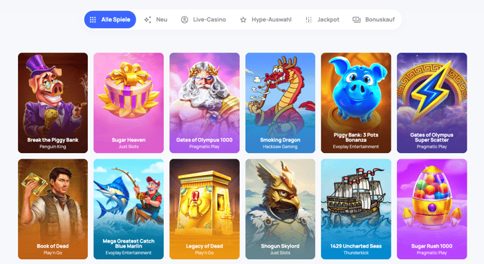 Spiellobby im Hype Casino zeigt Spiele wie Book of Dead neben anderen Spielkategorien