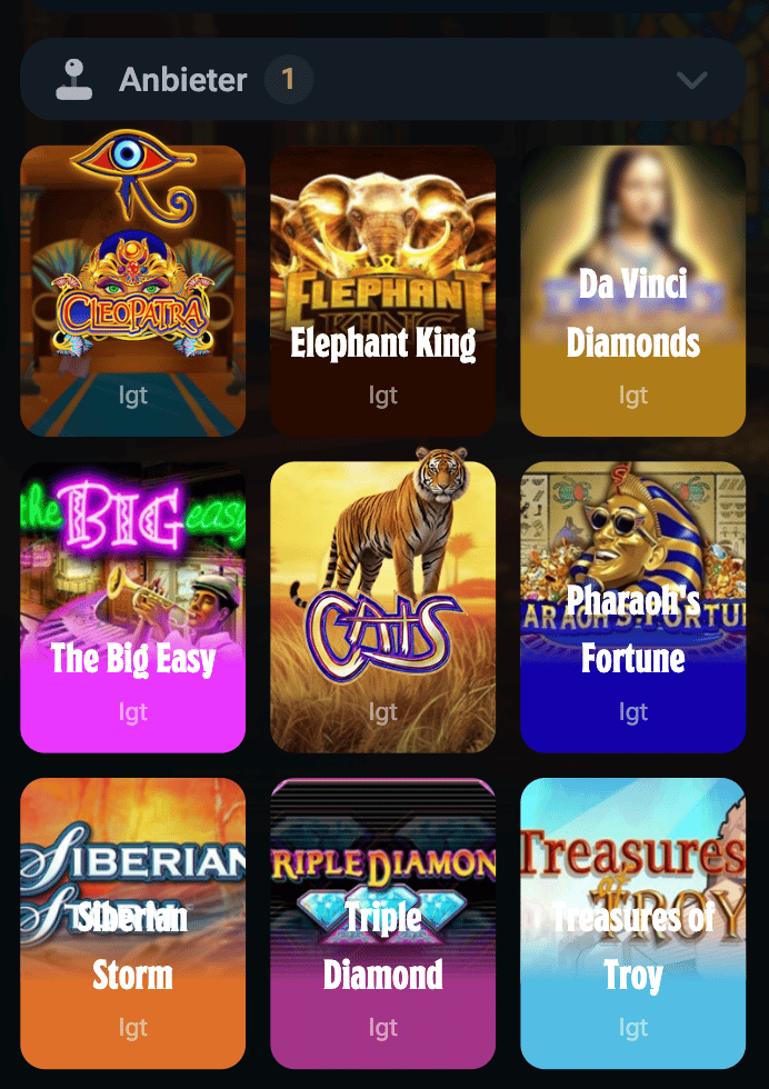 Beispielhafte Spiellobby im IGT Casino