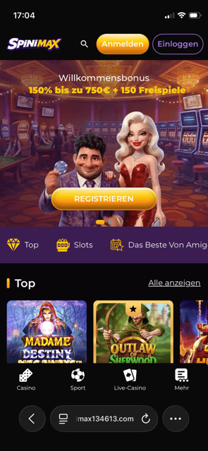 Spinimax Casino Screenshot mit der Startseite.
