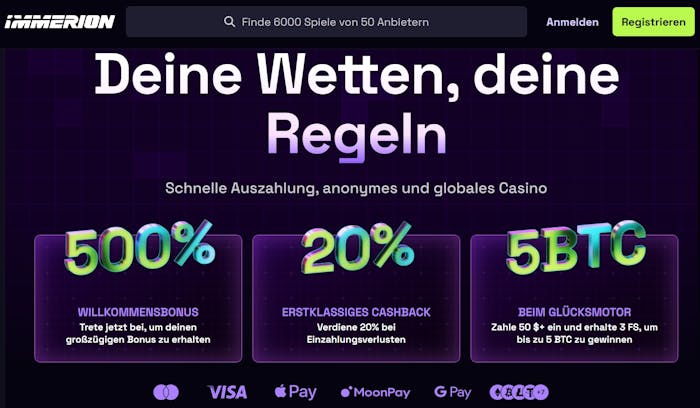 Immerion Casino Startseite mit Suchleiste, Anmeldebutton und Bonusangebotebanner