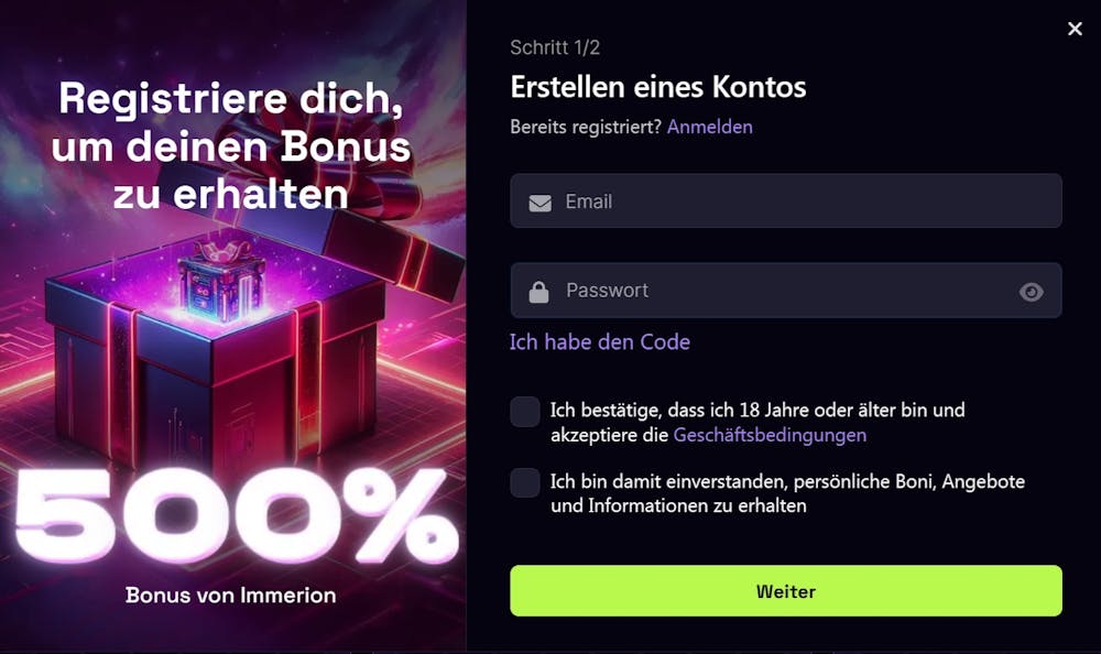 Immerion Casino Registrierungsformular mit Bonusangebot von 500 Prozent 