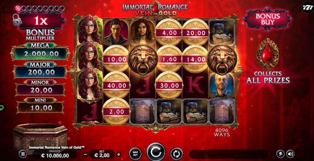 Immortal Romance Vein of Gold Slot Screenshot mit der Spielübersicht.