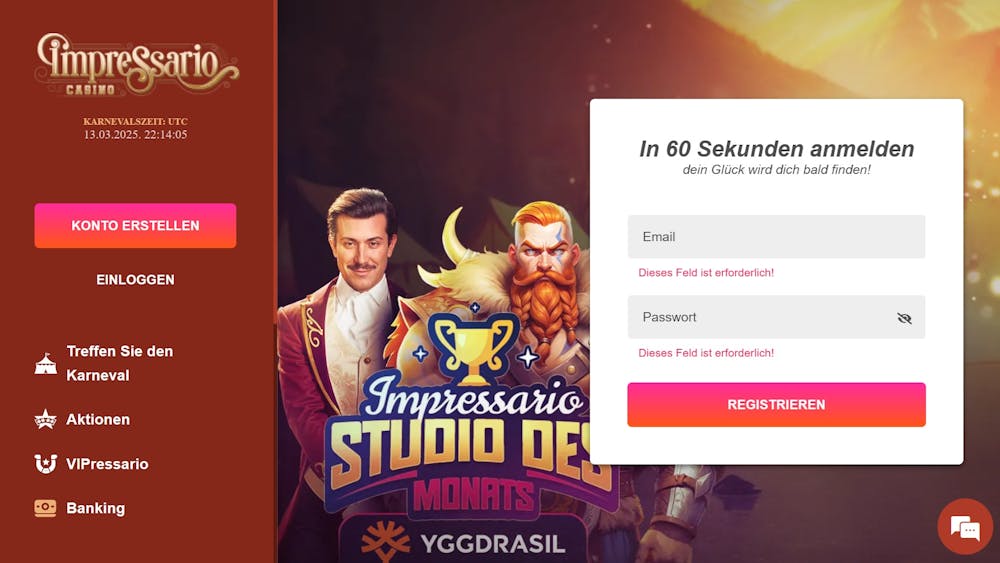 Die Homepage von impressario casino, rechts ein Fenster für die besonders schnelle Registrierung