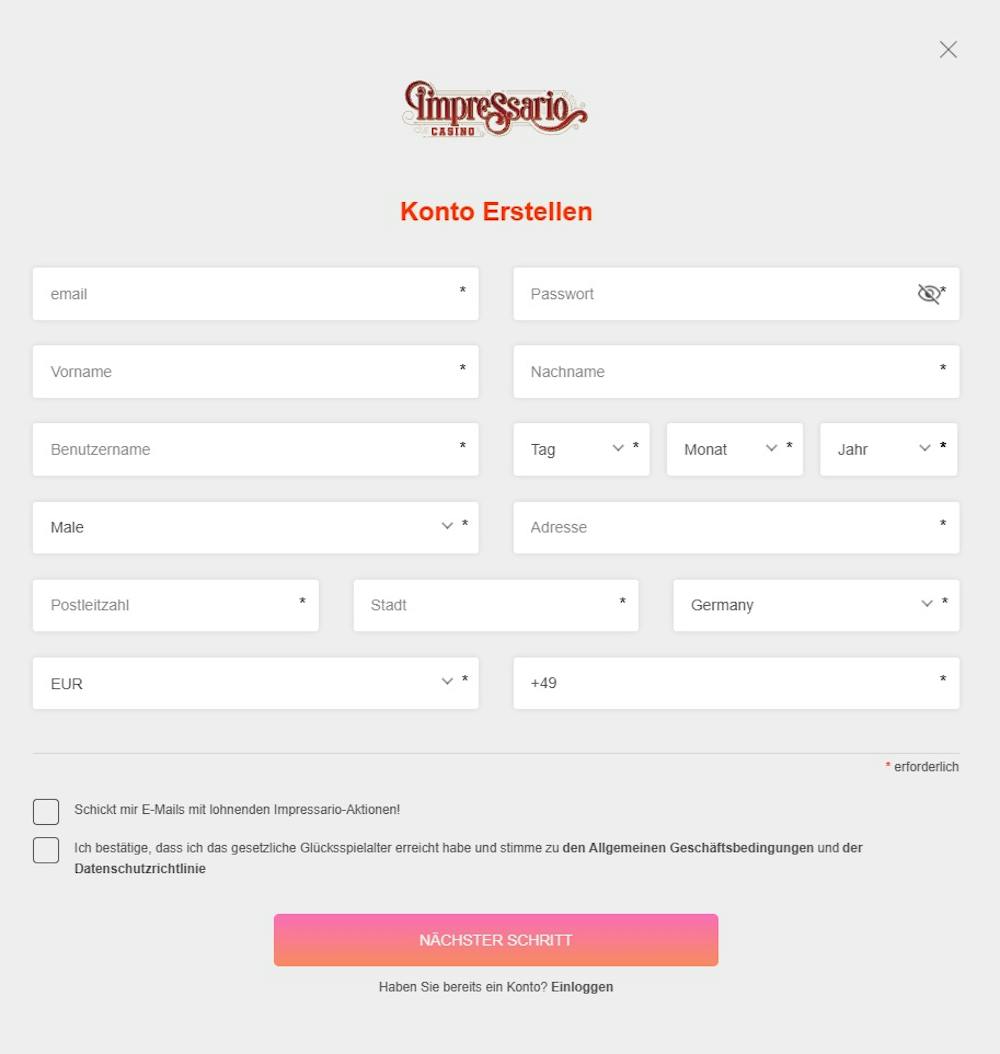 Das Registrierungsformular von impressario casino