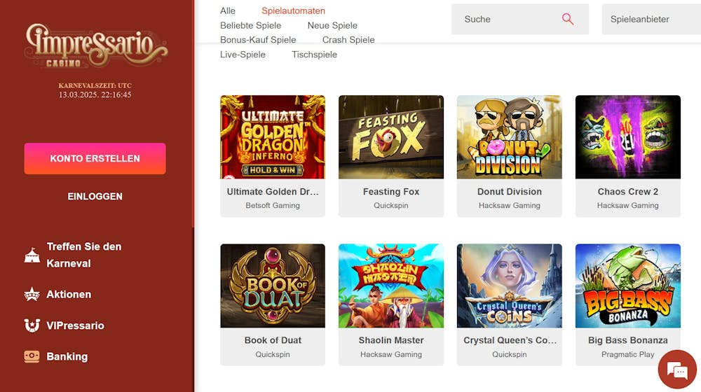 Die Spielauswahl bei Impressario Casino mit vielen verschiedenen Titeln wie Donut Division und Feasting Fox