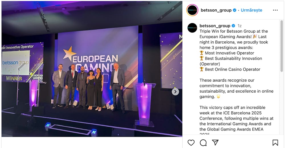 Ein Instagram Post der Firma Bettson bei den European Gaming Awards, auf dem Bild sieht man die Gewinner auf einer Tribüne