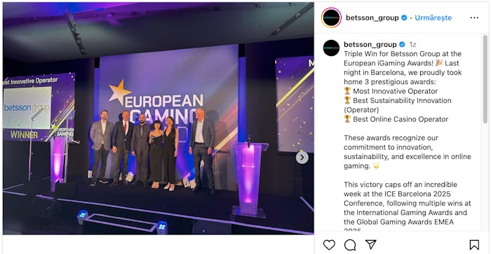 Ein Instagram Post der Firma Bettson bei den European Gaming Awards, auf dem Bild sieht man die Gewinner auf einer Tribüne